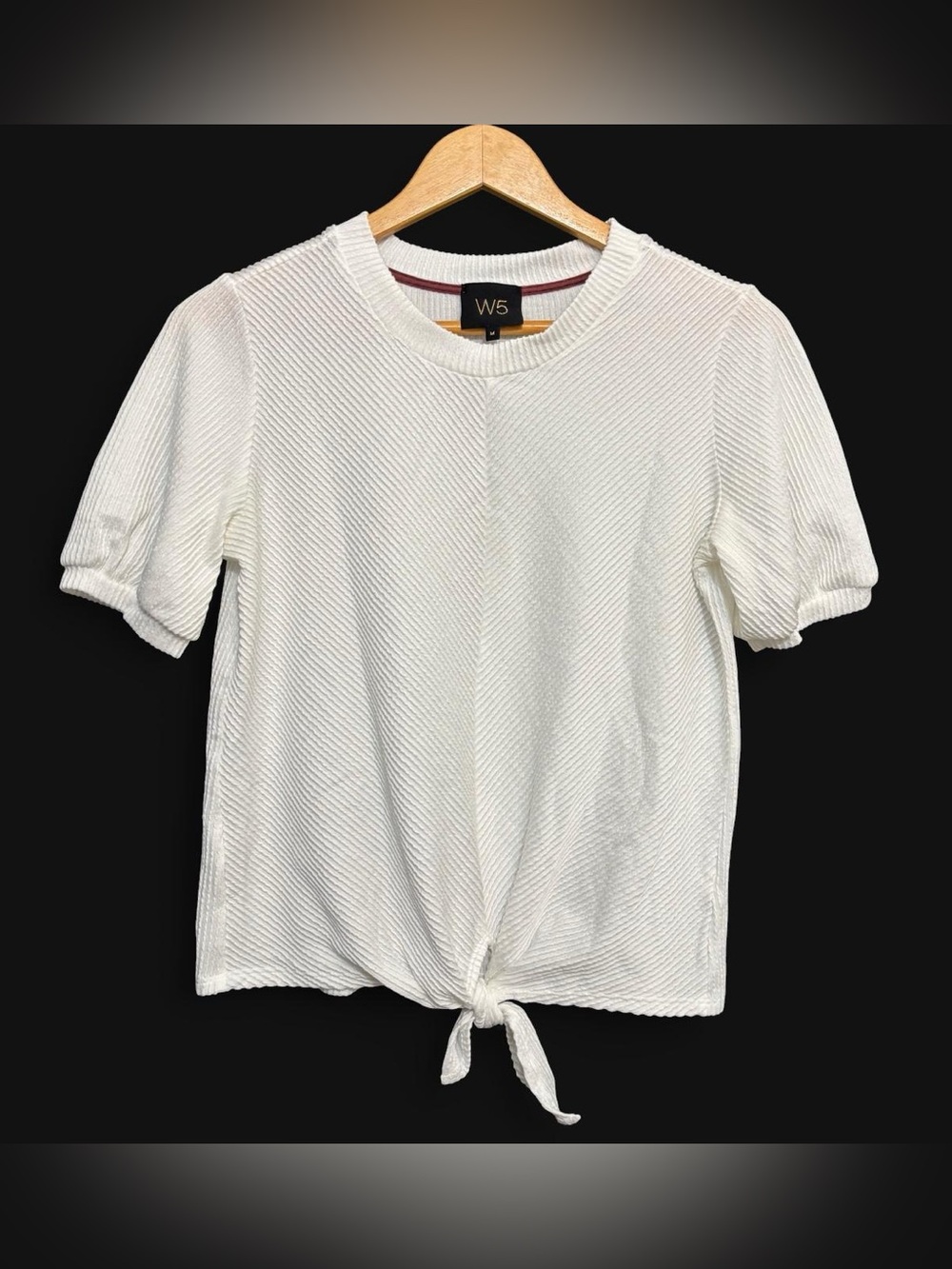 W5 White Textured Tie-Front Short Sleeve Top